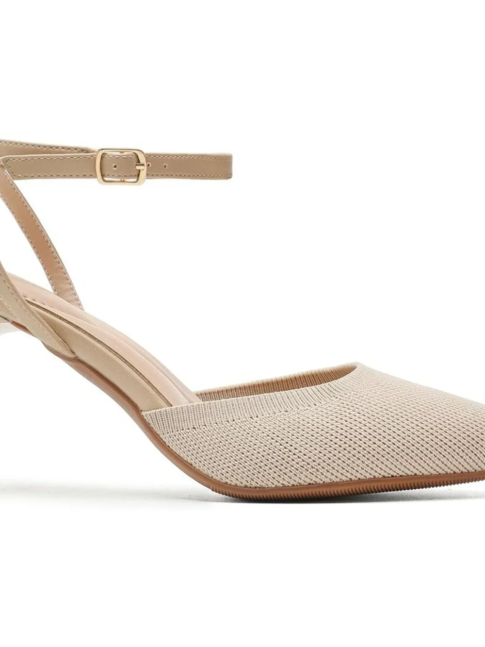 Women's Beige Closed Toe Ankle Strap Kitten Pumps Pointed Toe Heeled Sandals